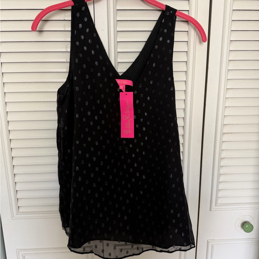 NWT Lilly Pulitzer Florin Silk Black Sleeveless V-Neck Polka Dot Chiffon Top